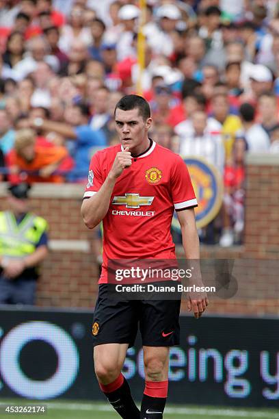 Michael Keane of Manchester United during first half play against Real Madrid at the Guinness International Champions Cup at Michigan Stadium on...