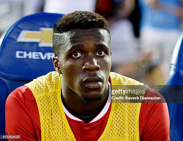 Wilfried Zaha of Manchester United on the bench during the pre-season friendly match between Los Angeles Galaxy and Manchester United at the Rose...
