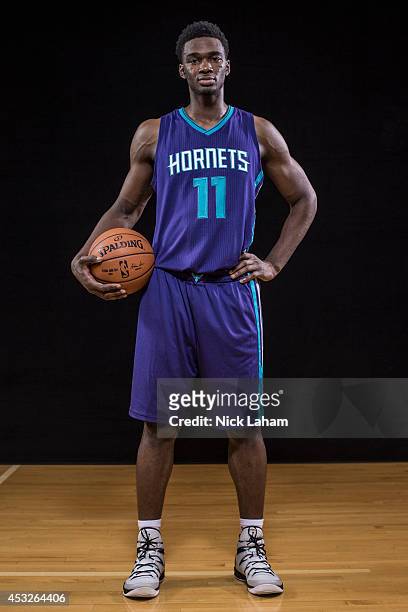 Noah Vonleh of the Charlotte Hornets poses for a portrait during the 2014 NBA rookie photo shoot at MSG Training Center on August 3, 2014 in...