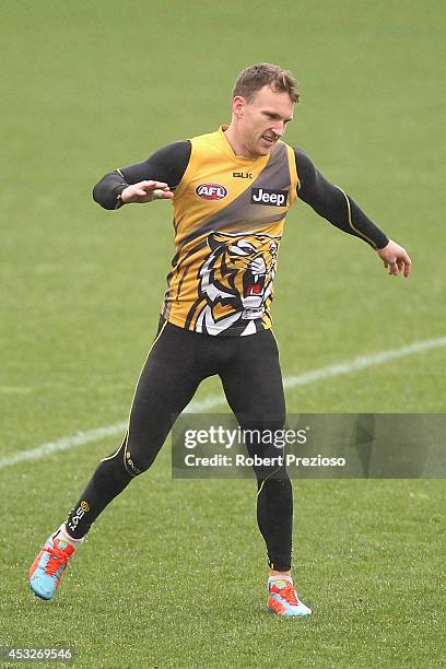 Nathan Foley runs during a Richmond Tigers AFL training session at ME Bank Centre on August 7, 2014 in Melbourne, Australia.