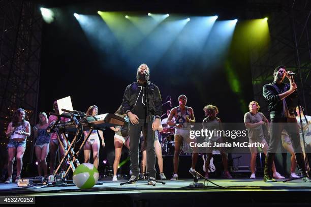 Sebu Simonian and Ryan Merchant of Capital Cities performs onstage at the Drop Your Pants and Dance for Underwareness Concert, hosted by Depend on...