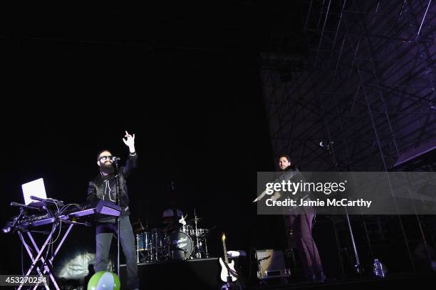 Sebu Simonian and Ryan Merchant of Capital Cities performs onstage at the Drop Your Pants and Dance for Underwareness Concert, hosted by Depend on...