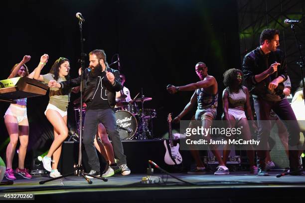 Sebu Simonian and Ryan Merchant of Capital Cities performs onstage at the Drop Your Pants and Dance for Underwareness Concert, hosted by Depend on...