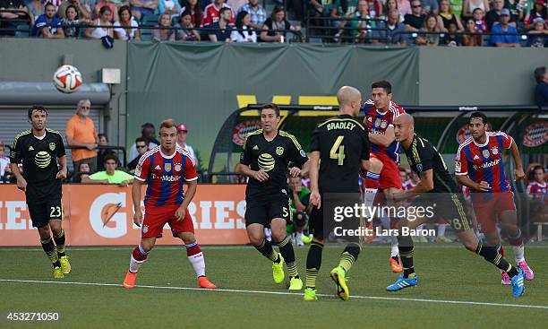 Robert Lewandowski of Muenchen scores his teams first goal during the MLS All-Star game between the MLS All-Stars and FC Bayern Muenchen at...