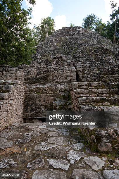 Mexico, Yucatan Peninsula, Near Cancun, Maya Ruins Of Coba, Group Of Coba 300-600ad, Pyramid La Iglesia.