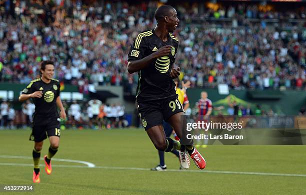Bradley Wright Phillips of MLS All-Stars celebrates after scoring his teams first goal during the MLS All-Star game between the MLS All-Stars and FC...