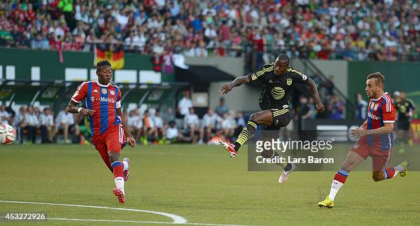 Bradley Wright Phillips of MLS All-Stars scores his teams first goal during the MLS All-Star game between the MLS All-Stars and FC Bayern Muenchen at...