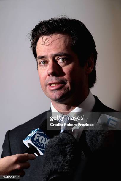 Gillon McLachlan speaks to the media during a press conference at The Pullman Hotel on August 7, 2014 in Melbourne, Australia.