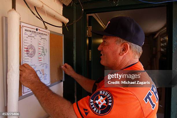 Bench Coach Dave Trembley of the Houston Astros post his line up card in the dugout prior to the game against the Oakland Athletics at O.co Coliseum...