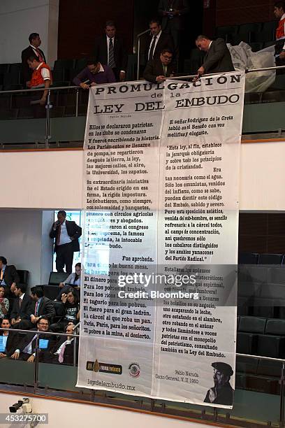 Members of the Party of the Democratic Revolution display a banner containing a Pablo Neruda text titled "Promulgacion de la Ley Del Embudo" at the...