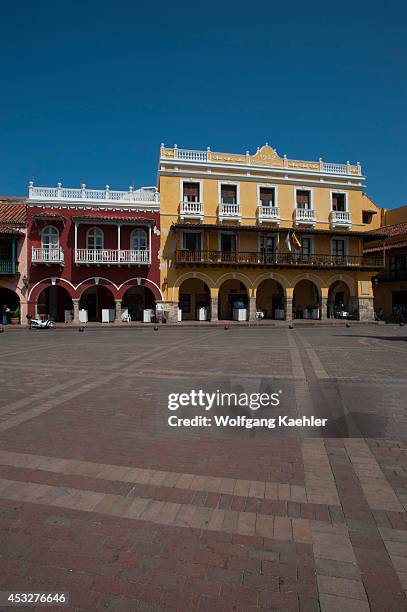 Colonial houses at Plaza de los Coches in Cartagena, Colombia, a walled city and Unesco World Heritage Site.