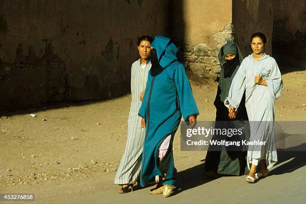 Morocco, Marrakesh, Medina , Street Scene With Local Women In Traditional Dress, Djellaba.