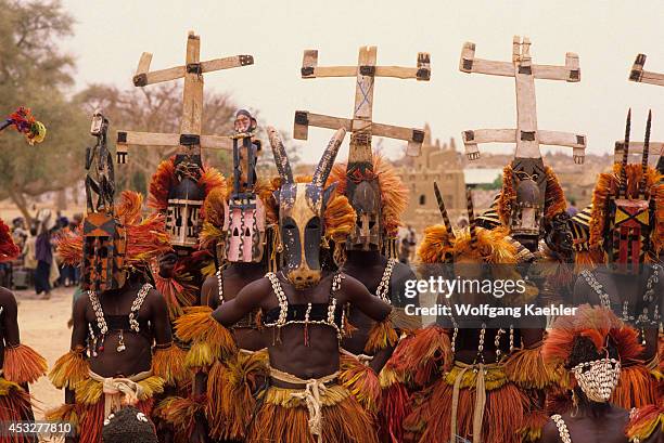 Mali, Dogon Country, Sanga Village, Dogon Dancers With Traditional Masks.