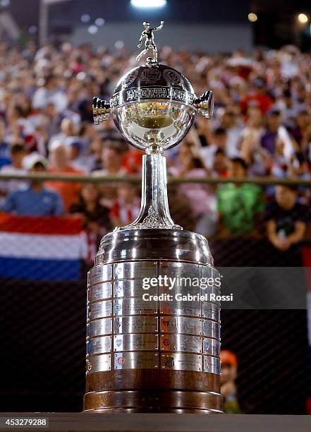 View of the trophy during a first leg final match between Nacional and San Lorenzo as part of Copa Bridgestone Libertadores 2014 at Defensores del...