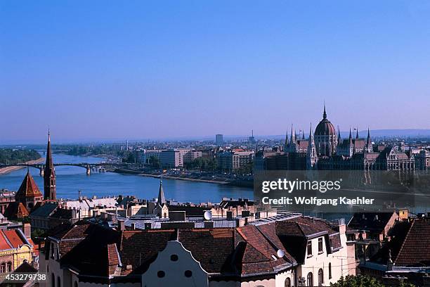 Hungary, Budapest, Castle District, View From The Fishermen's Bastion, Parliament Building, Danube River.