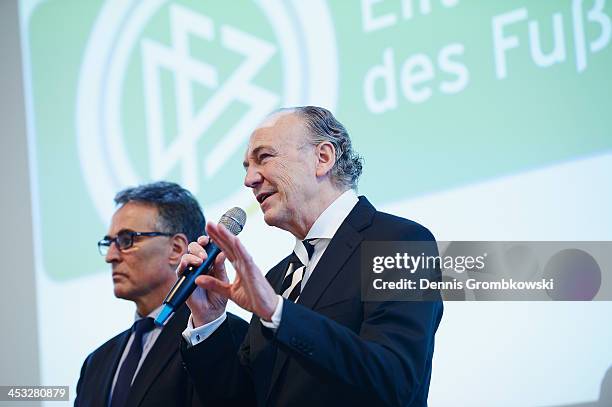 Rolf Koenigs, president of Borussia Moenchengladbach, holds a speach during the DFB Football Elite School Opening Ceremony at Borussia-Park on...