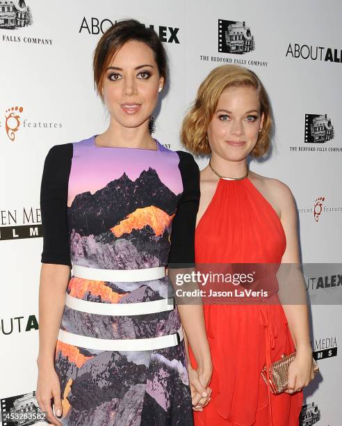 Actresses Aubrey Plaza and Jane Levy attend the premiere of "About Alex" at ArcLight Hollywood on August 6, 2014 in Hollywood, California.