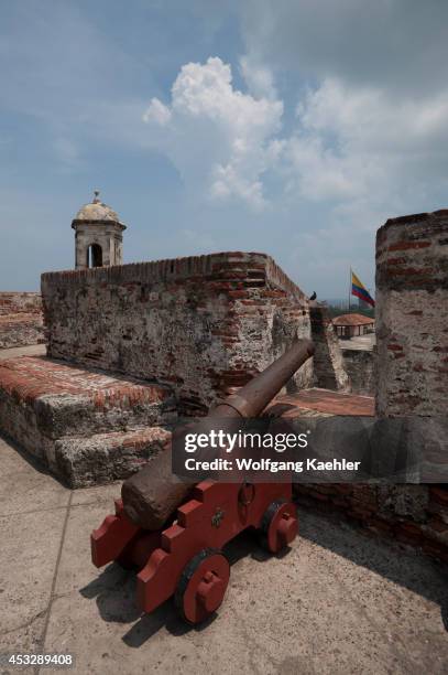 Unesco World Heritage Site San Felipe Castle with cannon and sentry post in Cartagena, Colombia.