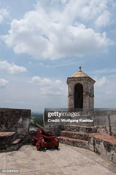 Unesco World Heritage Site San Felipe Castle with cannon and sentry post in Cartagena, Colombia.