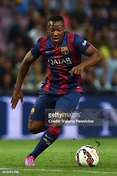 Adama Traore of FC Barcelona in action during the pre-season friendly match between FC Barcelona and SSC Napoli on August 6, 2014 in Geneva,...