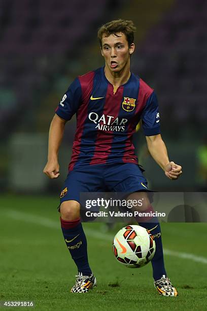 Alejandro Grimaldo of FC Barcelona in action during the pre-season friendly match between FC Barcelona and SSC Napoli on August 6, 2014 in Geneva,...