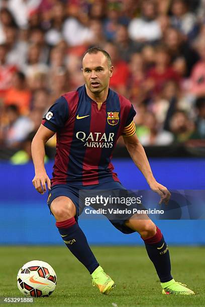 Andres Iniesta of FC Barcelona in action during the pre-season friendly match between FC Barcelona and SSC Napoli on August 6, 2014 in Geneva,...