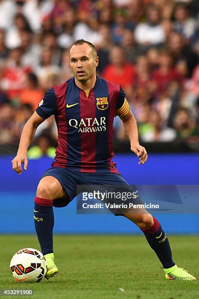Andres Iniesta of FC Barcelona in action during the pre-season friendly match between FC Barcelona and SSC Napoli on August 6, 2014 in Geneva,...