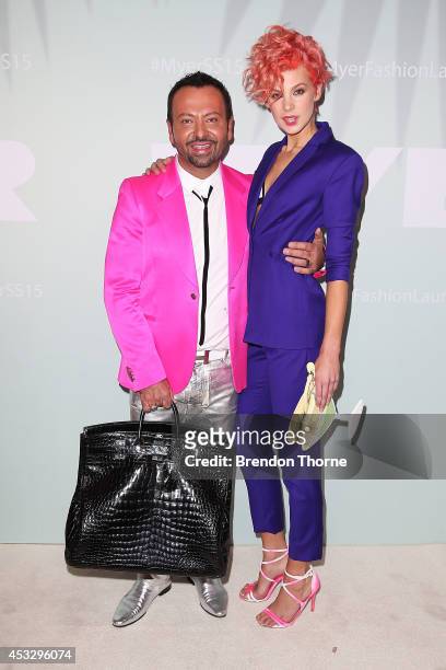 Napoleon Perdis and Kate Peck arrive at the Myer Spring Summer 2014 Fashion Launch at Carriageworks on August 7, 2014 in Sydney, Australia.