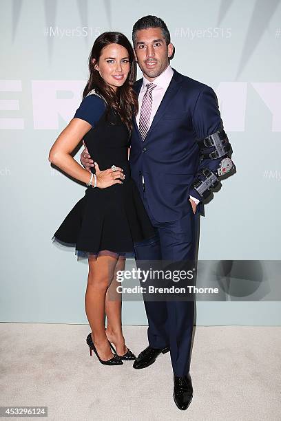 Jodi Anasta and Braith Anasta arrive at the Myer Spring Summer 2014 Fashion Launch at Carriageworks on August 7, 2014 in Sydney, Australia.