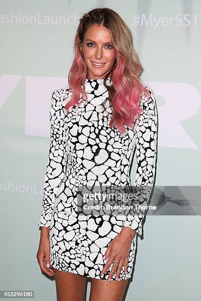 Jennifer Hawkins arrives at the Myer Spring Summer 2014 Fashion Launch at Carriageworks on August 7, 2014 in Sydney, Australia.