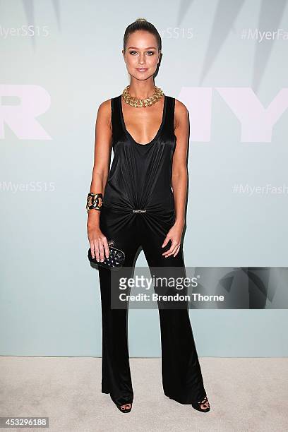 Renae Ayres arrives at the Myer Spring Summer 2014 Fashion Launch at Carriageworks on August 7, 2014 in Sydney, Australia.