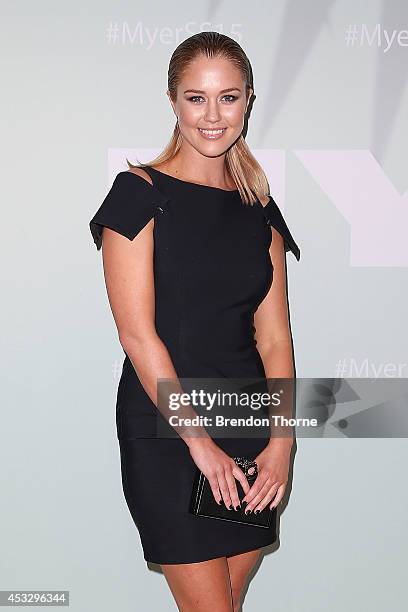 Scherri-Lee Biggs arrives at the Myer Spring Summer 2014 Fashion Launch at Carriageworks on August 7, 2014 in Sydney, Australia.