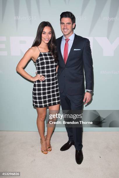 Scott Tweedie and Georgia Berg arrives at the Myer Spring Summer 2014 Fashion Launch at Carriageworks on August 7, 2014 in Sydney, Australia.