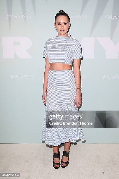 Jesinta Campbell arrives at the Myer Spring Summer 2014 Fashion Launch at Carriageworks on August 7, 2014 in Sydney, Australia.