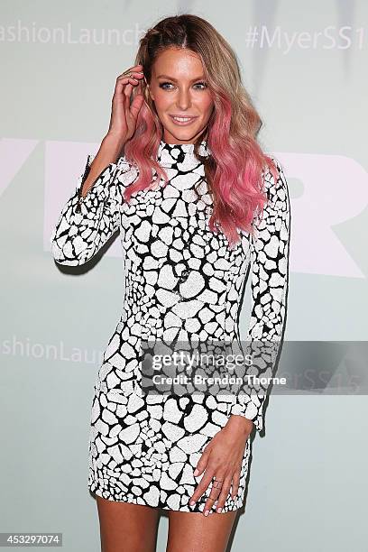 Jennifer Hawkins arrives at the Myer Spring Summer 2014 Fashion Launch at Carriageworks on August 7, 2014 in Sydney, Australia.