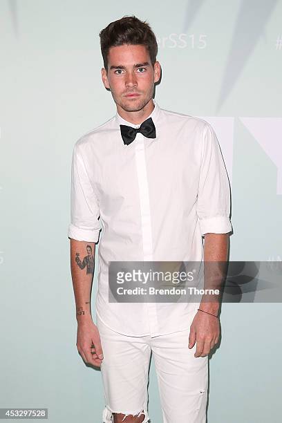 Nathan Jolliffe arrives at the Myer Spring Summer 2014 Fashion Launch at Carriageworks on August 7, 2014 in Sydney, Australia.