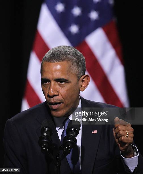 President Barack Obama speaks during a signing ceremony of H.R. 3230 August 7, 2014 at Wallace Theater in Fort Belvoir, Virginia. President Obama has...