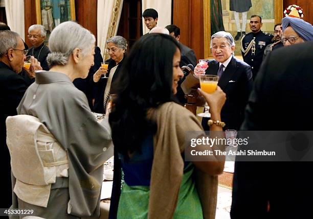 Japan's Emperor Akihito and Empress Michiko attend the state dinner on December 2, 2013 in New Delhi, India. The Emperor and Empress are on a six-day...