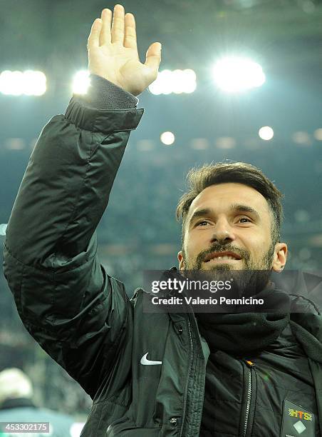 Mirko Vucinic of Juventus salutes prior to the Serie A match between Juventus and Udinese Calcio at Juventus Arena on December 1, 2013 in Turin,...