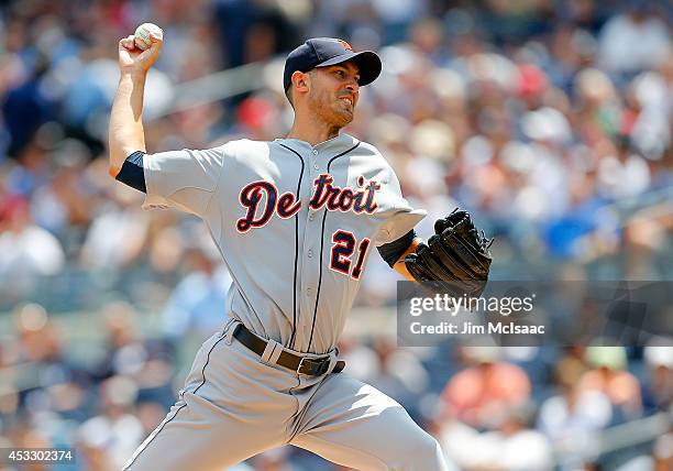 Rick Porcello of the Detroit Tigers pitches in the first inning against the New York Yankees at Yankee Stadium on August 7, 2014 in the Bronx borough...
