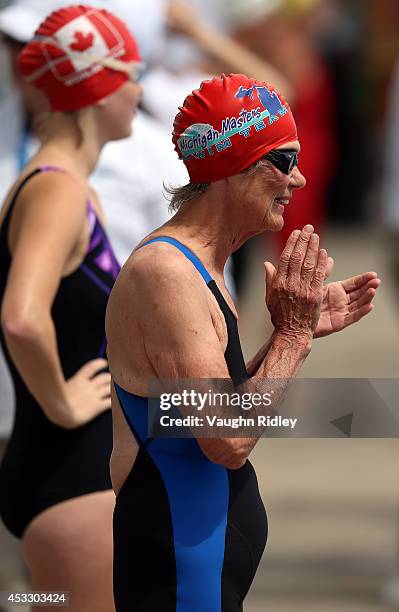 Team Michigan Masters 12 of the U.S. Compete in the Women's 4x50m Freestyle Relay at Parc Jean-Drapeau during the 15th FINA World Masters...