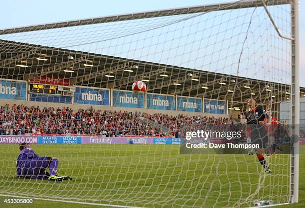 Ryan Giggs scores from the penalty spot during the match between Salford City and the Class of '92 XI at AJ Bell Stadium on August 7, 2014 in...