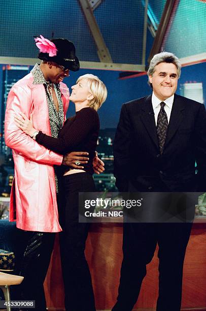 Episode 1232 -- Pictured: Professional basketball player Dennis Rodman, comedian Ellen DeGeneres and host Jay Leno on September 25, 1997 --