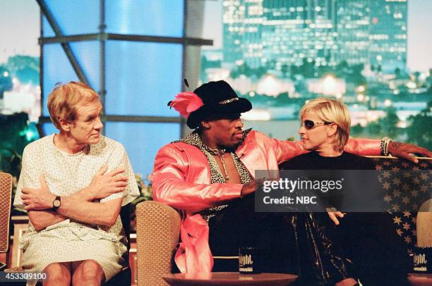 Episode 1232 -- Pictured: Actor Jack Riley, professional basketball player Dennis Rodman, and comedian Ellen DeGeneres on September 25, 1997 --