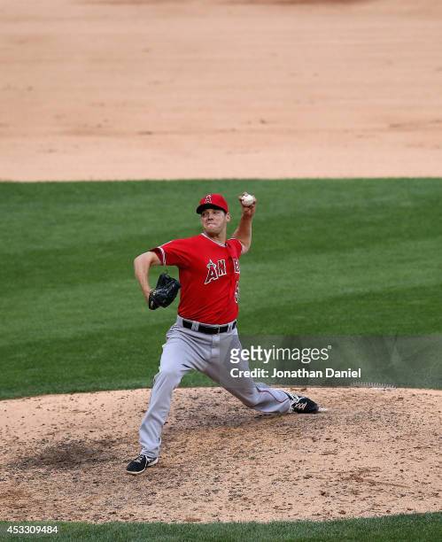 Rich Hill of the Los Angeles Angels pitches against the Chicago White Sox of Anaheim at U.S. Cellular Field on July 1, 2014 in Chicago, Illinois. The...