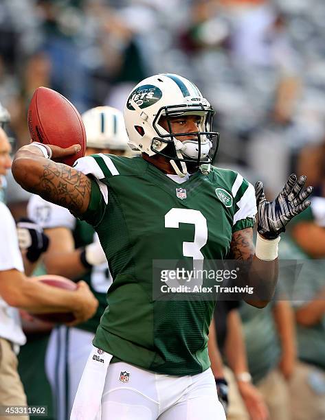 Quarterback Tajh Boyd of the New York Jets warms up prior to a preseason game against the Indianapolis Colts at MetLife Stadium on August 7, 2014 in...