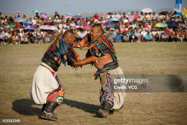 Wrestlers compete during the annual Naadam festival on July 29, 2014 in Xilinhot, Inner Mongolia Autonomous Region of China. Around 768 people...