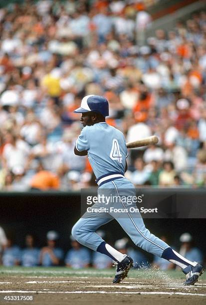 Alfredo Griffin of the Toronto Blue Jays bats against the Baltimore Orioles during an Major League Baseball game circa 1983 at Memorial Stadium in...