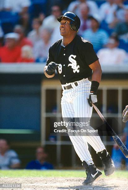 Bo Jackson of the Chicago White Sox bats during an Major League Baseball game circa 1991 at Comiskey Park in Chicago, Illinois. Jackson played for...