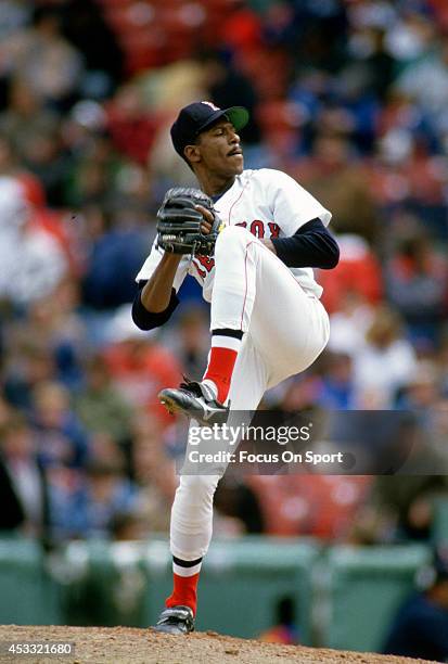 Dennis "Oil Can" Boyd of the Boston Red Sox pitches during an Major League Baseball game circa 1989 at Fenway Park in Boston, Massachusetts. Boyd...